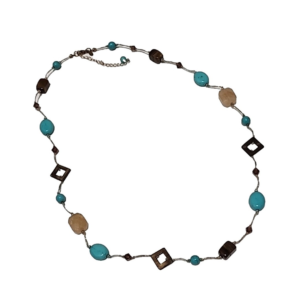 Beaded Turquoise Tiger Eye Wooden Necklace Long Bohemian Fashion Jewelry